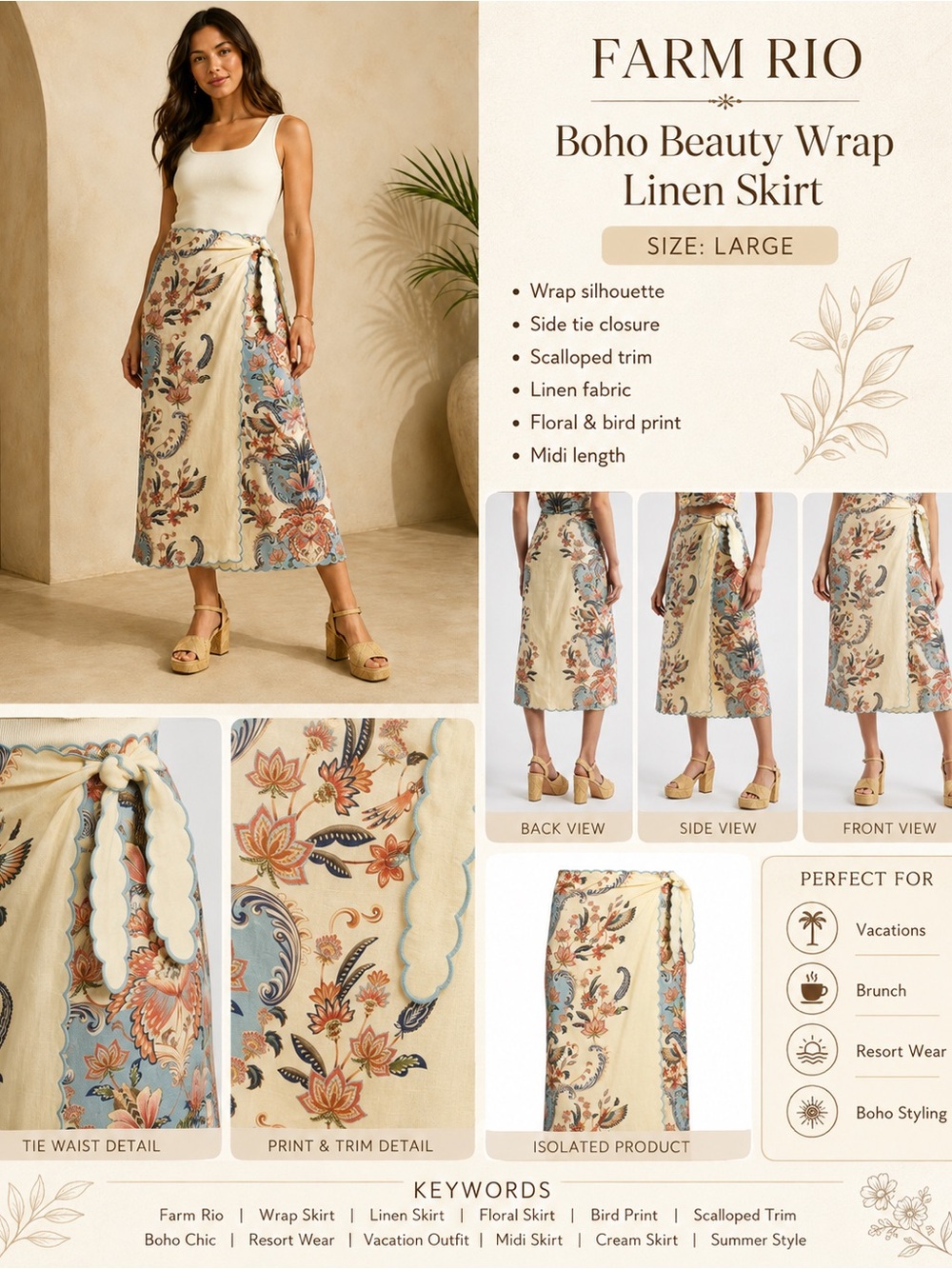 FARM Rio Boho Beauty Wrap Linen Midi Maxi Skirt Floral Bird Print Large